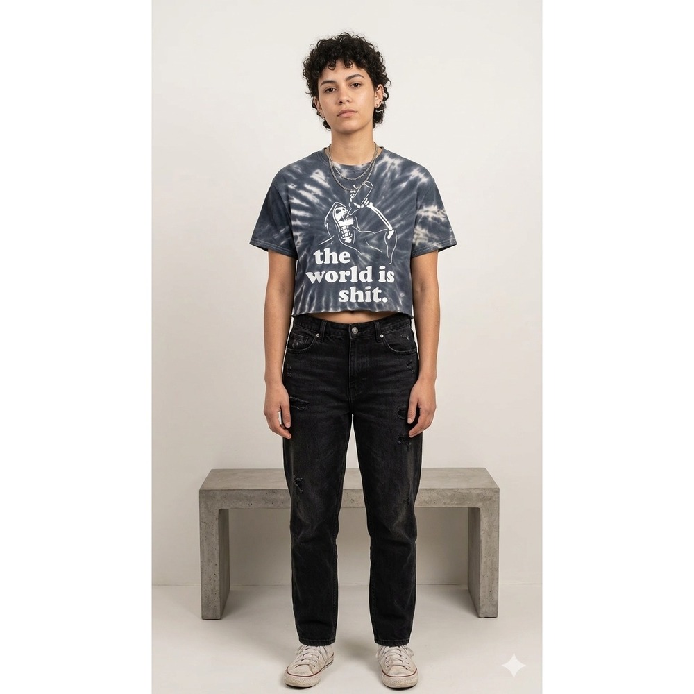 Grim Reaper The World Is Shit Tie Dye Cropped Graphic Tee‎ Black Grey Streetwear